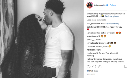 tokyo and her man jay kissing in a picture on her instagram feed 